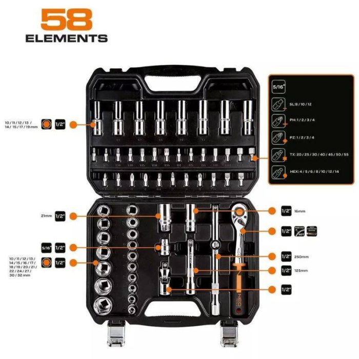 Set nasadnih ključeva s račnom 1/2" 58 kom NEO 10-042 - Slika 2