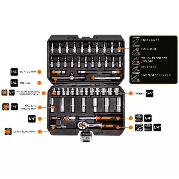 Set nasadnih ključeva s račnom 1/4" 53 kom NEO 10-006 - Slika 3