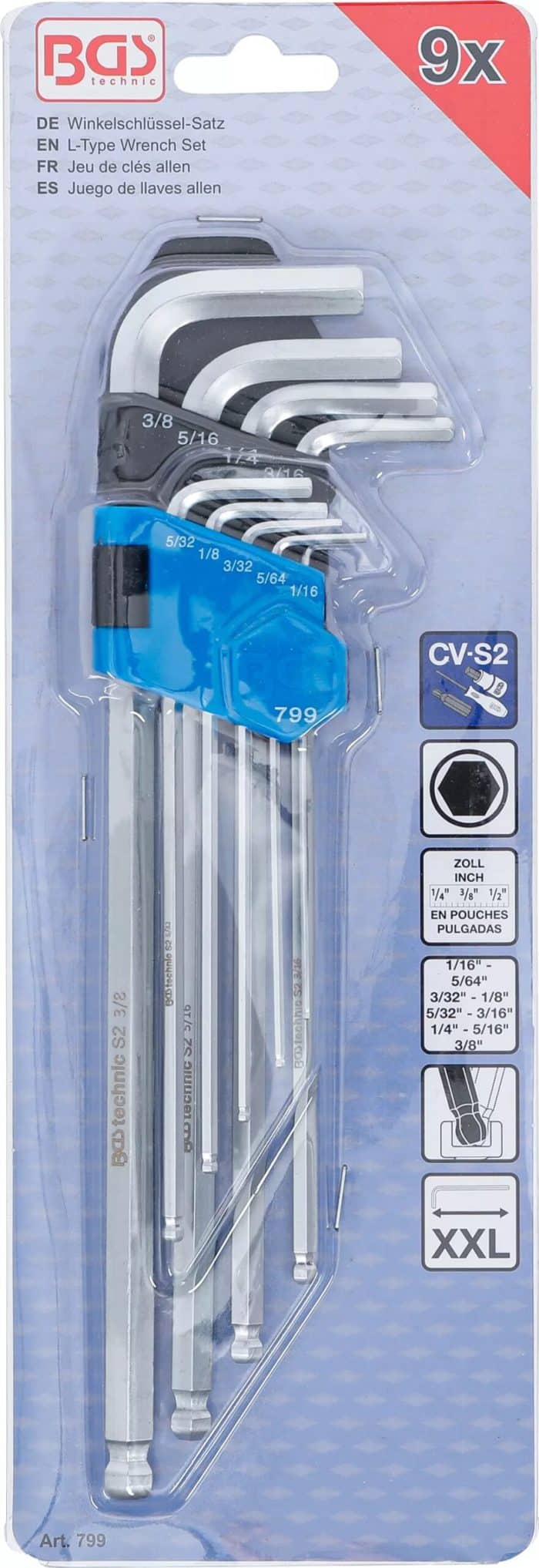 Set kutnih steznih ključeva | inčni | unutarnji šesterokut / unutarnji šesterokut s kuglastom glavom 1/16 - 3/8" | 9-dijelni - Slika 4