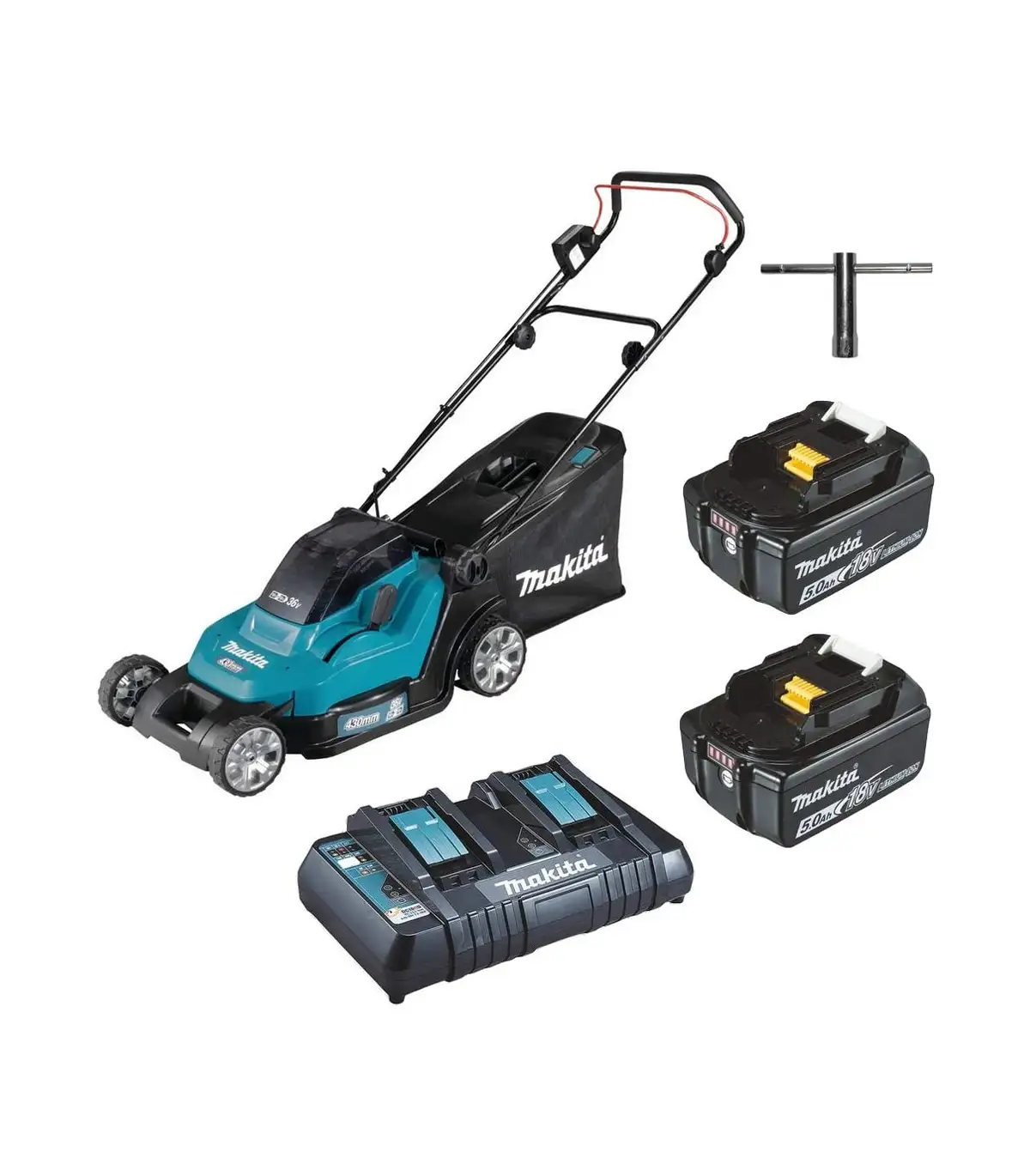 001-makita-dlm432pt2 Makita – Akumulatorska kosilica 18+18V u setu sa 2 baterije 5.0 Ah i punjačem DLM432PT2 - Slika 1